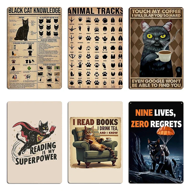 Affiche éducative Chat Noir, Plaque Métallique Imprimée avec Empreintes d'Animaux, Décoration Murale pour Salon et Fêtes, Panneau en Étain Personnalisé