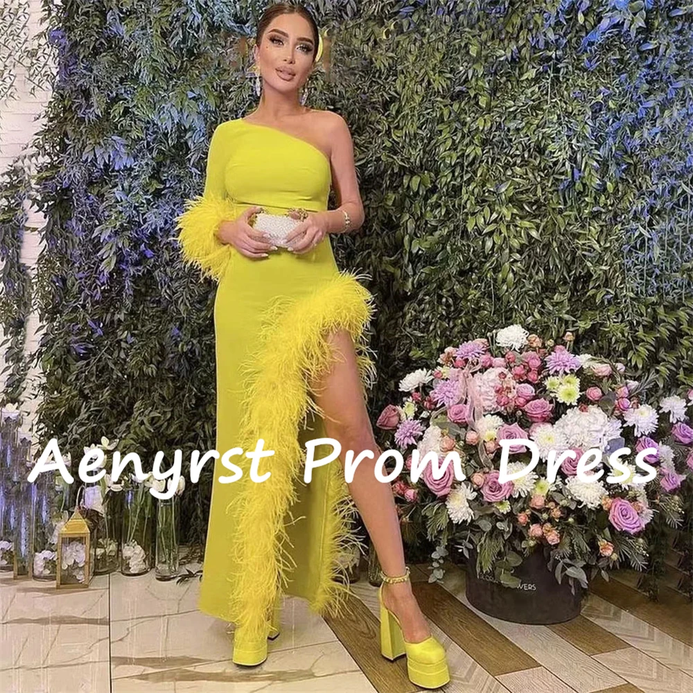 Aenyrst Yellow One Shoulder Feathers Saudi Arabia Prom Dresses Mermaid Crepe Split Evening Gowns Ankle Length Dinner Party Dress