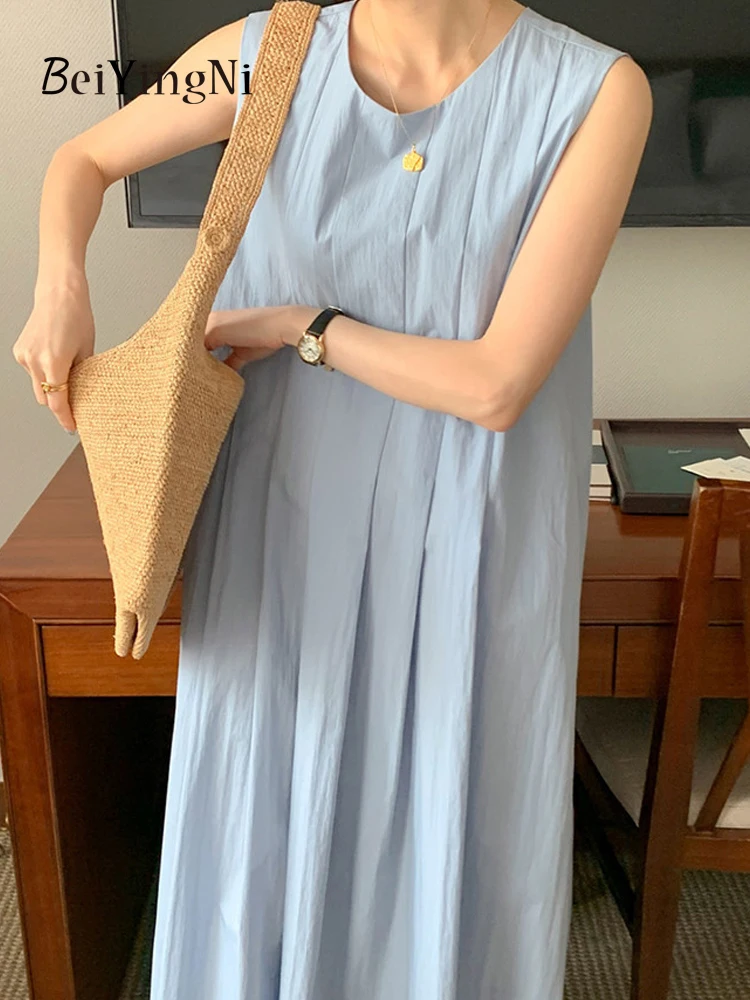 Beiyingni Summer Korean Simple Pleated Long Dresses for Women Casual Loose O-neck Sundress Female Solid Color Elegant Blue Dress