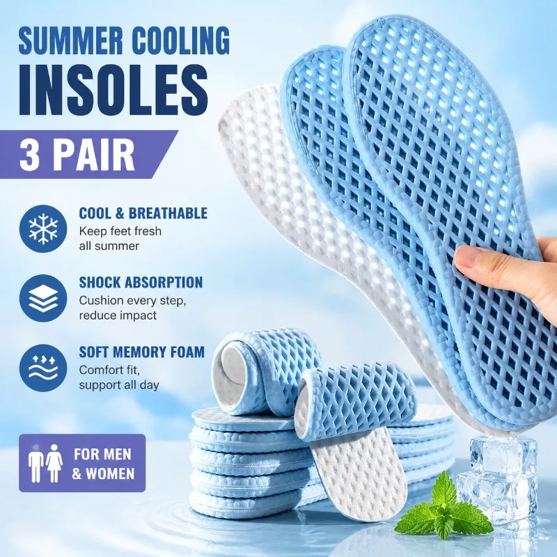 3 Pair Summer Cooling Insoles for Men Women Running Sports Shock Absorption Breathable Memory Foam Shoe Pads, Blue Purple