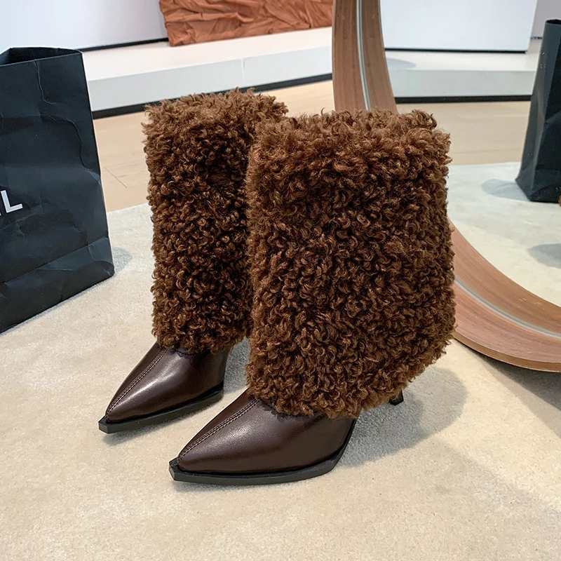 

Niche Design Advanced Sense Pointed Toe Stiletto Short Plush Winter Women's Boots Mid-calf Slip-on Warm Solid Fashion Boots