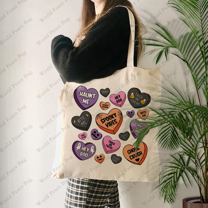 1 pc Candy Hearts Halloween patternTote Bag Canvas Shoulder Bag For Travel Daily Commute Women's Reusable Shopping Bag,