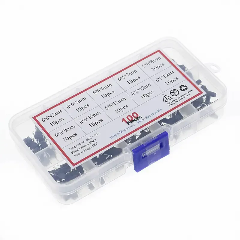 100pcs/Box 10value 6x6 Waterproof Tact Switch TV Induction Button Copper Foot Dustproof Micro Switch Assorted Kit
