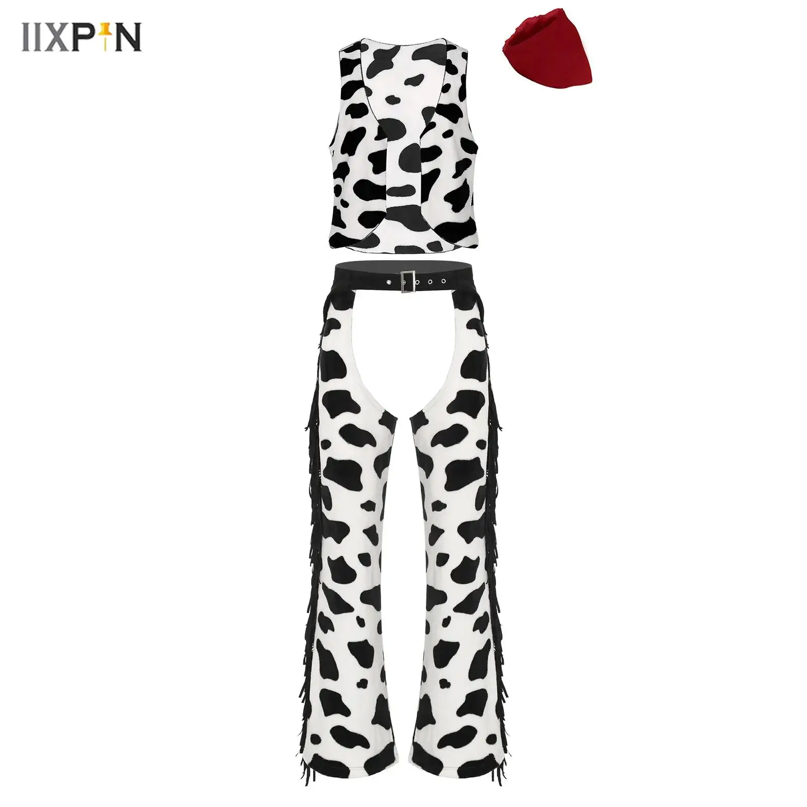 

Retro Western Cowboy Cosplay Costume Mens Cow Print Flannel Vest Biking Riding Cowgirl Chaps Pants Bandanna Halloween Outfits