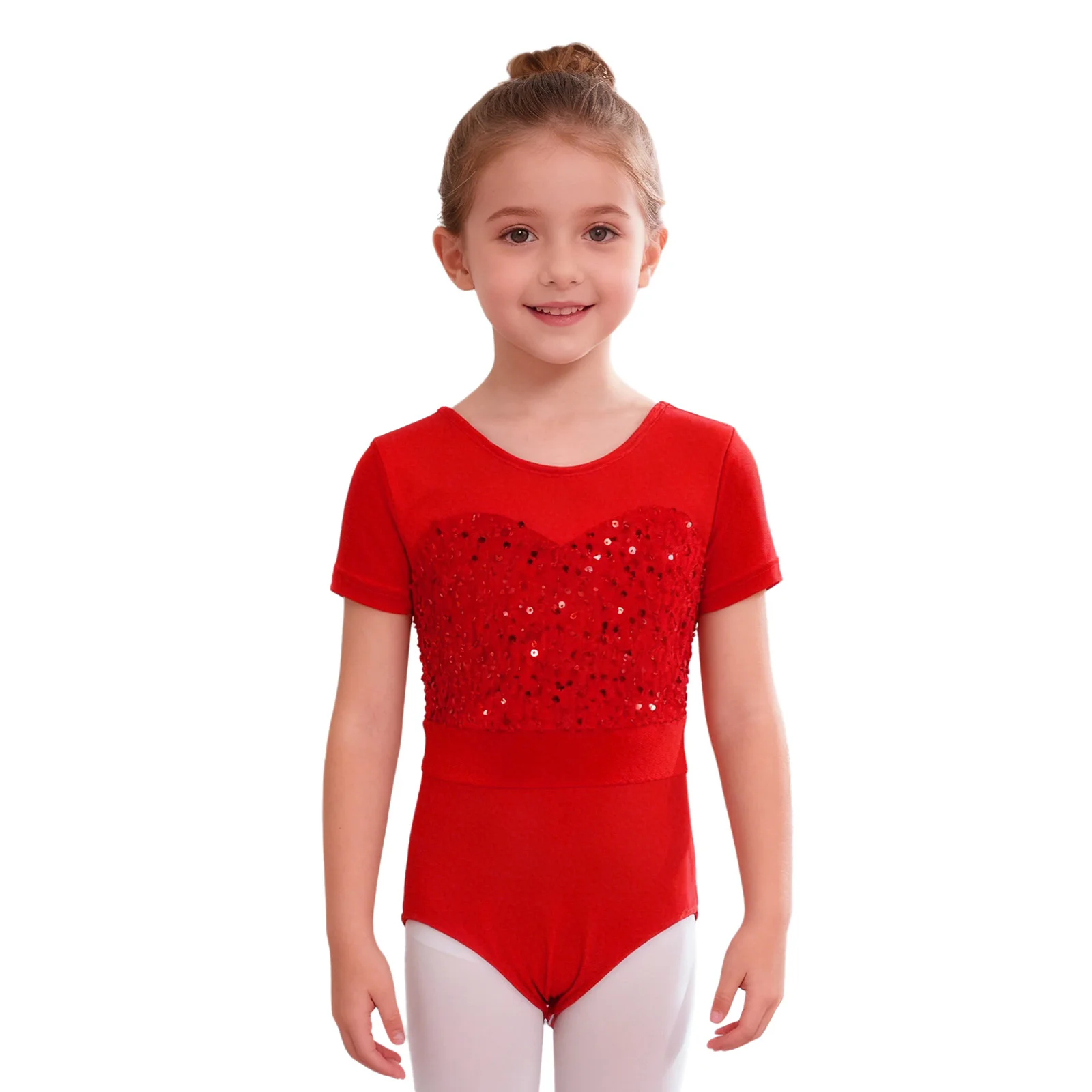 Body de baile de Ballet para niñas, cuello redondo, manga corta, retales de terciopelo, botones de presión, leotardo de lentejuelas brillantes en la entrepierna