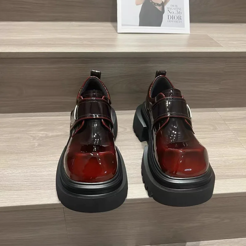 

British Style Leather Shoes For Women New Thick Soled, Raised Height Dark Red High-end Feeling Loafers Shoes Mary Jane Shoes