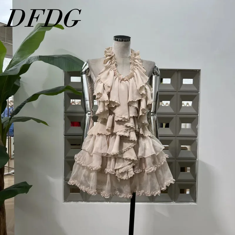 DFDG Feminino Puro Sexy Halter Backless Sem Mangas Top Em Camadas Saia Plissado Conjunto de 2 Peças Co-ord Outfit Primavera E Verão 2025