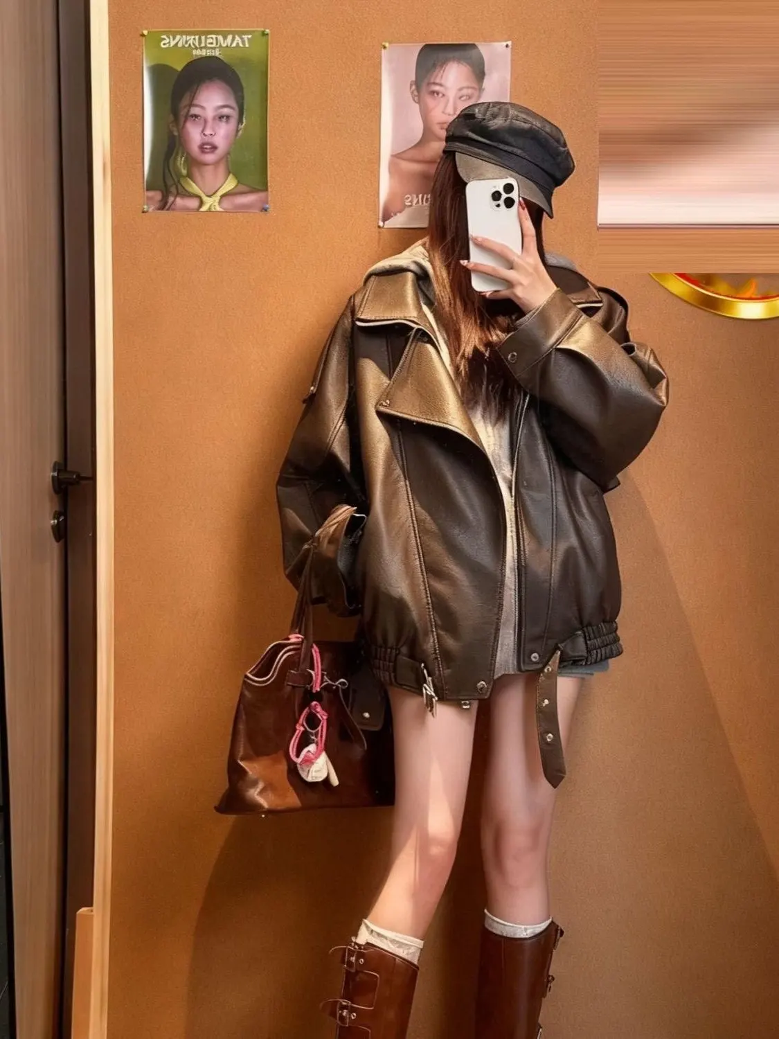 Kurtka skórzana damska Thiened Fce Jesień Zima Nowa Moda Harajuku Długa Luźna Kurtka Motocyklowa z Zamkiem Błyskawicznym...