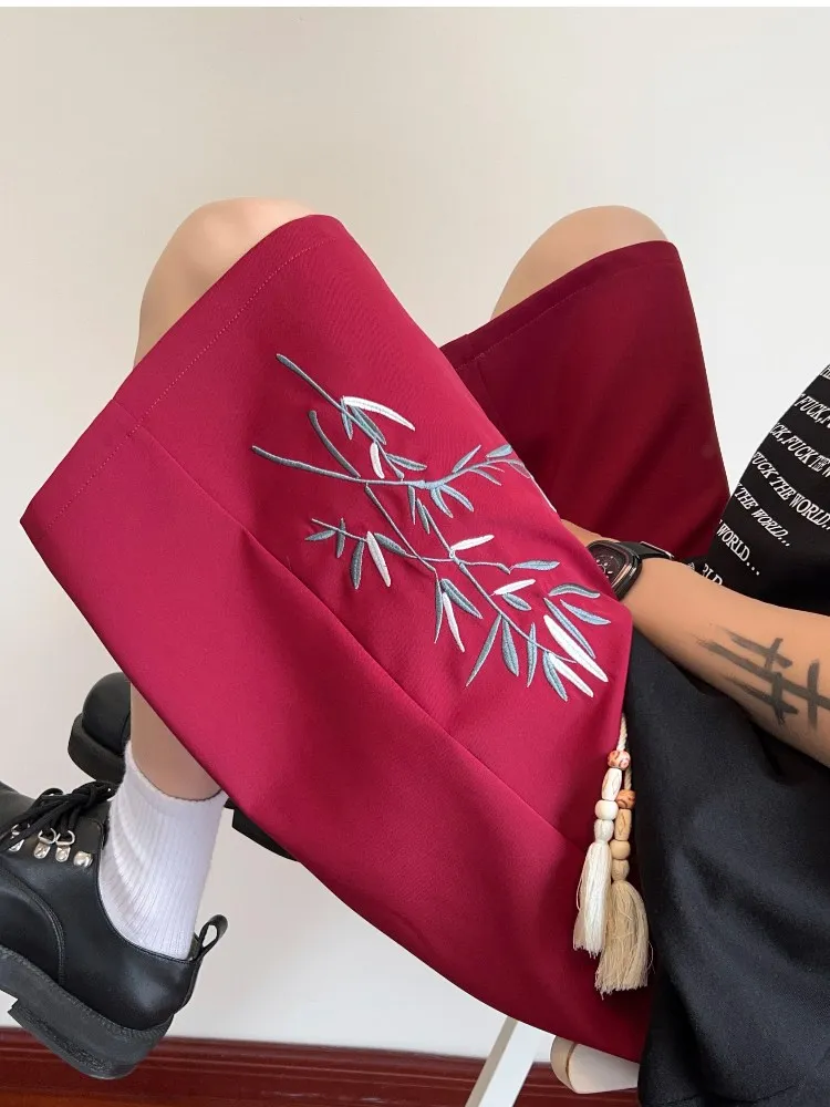 

Мужские летние тонкие прямые повседневные брюки из ледяного шелка с бамбуковой вышивкой, длиной до колена, в модном китайском стиле