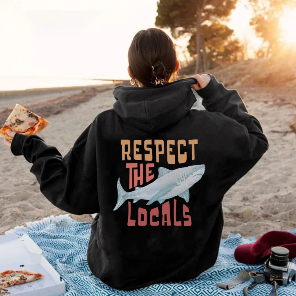 

Respect The Local Hoodie Local Surf Hooded Sweatshirt Beach Bum Shark Graphic Pullover Vintage Ocean Conservation Beach Hoodies