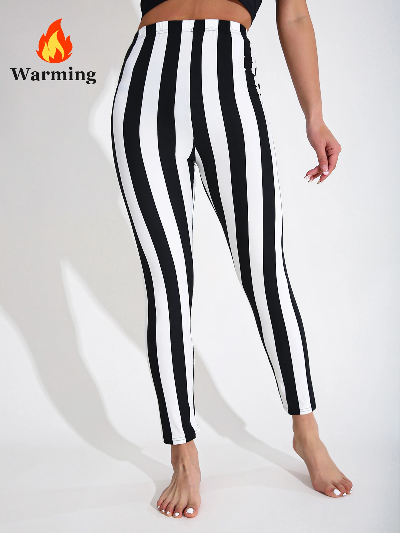 Autumn Winter 1PACK Women's Black White Thick Strip Velvet Thickened Sexy Tight Legging Casual Sports Elegant Fitness Yoga Pants
