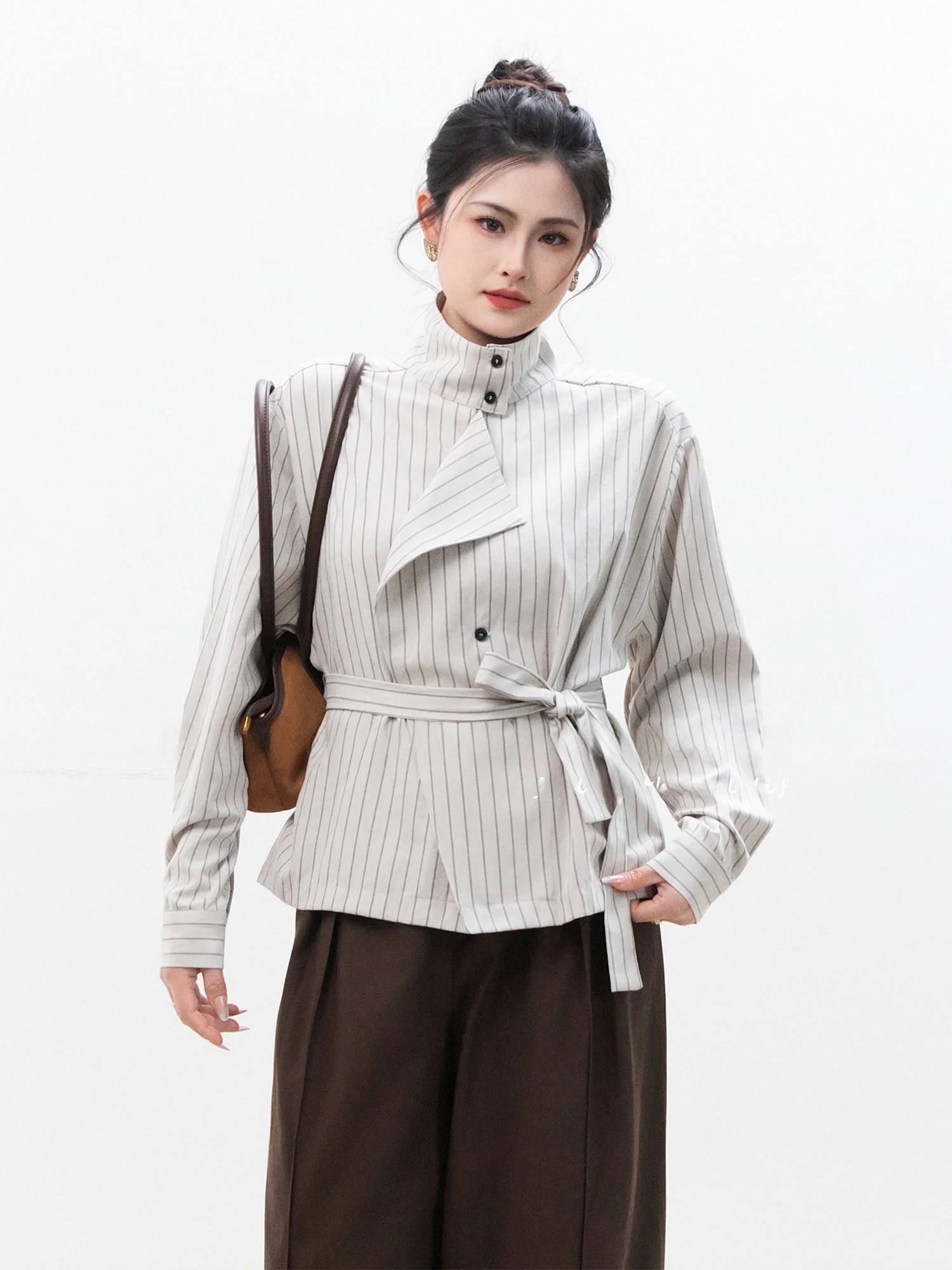 

Chelzy Korean Sle Striped irt Wide Leg Pants Set Women's Spring Autumn Design Sense Belt Waist Slimming Commute