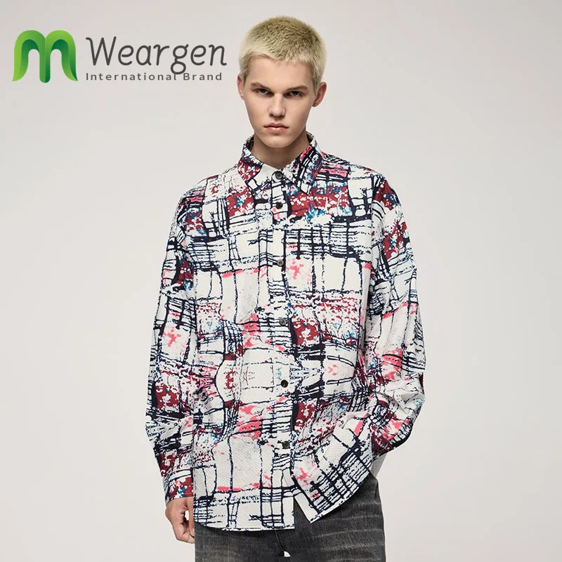 

Men Irregular Rainbow Grid Seersucker Shirt Autumn and Winter New Trendy Brand Loose 7100W24