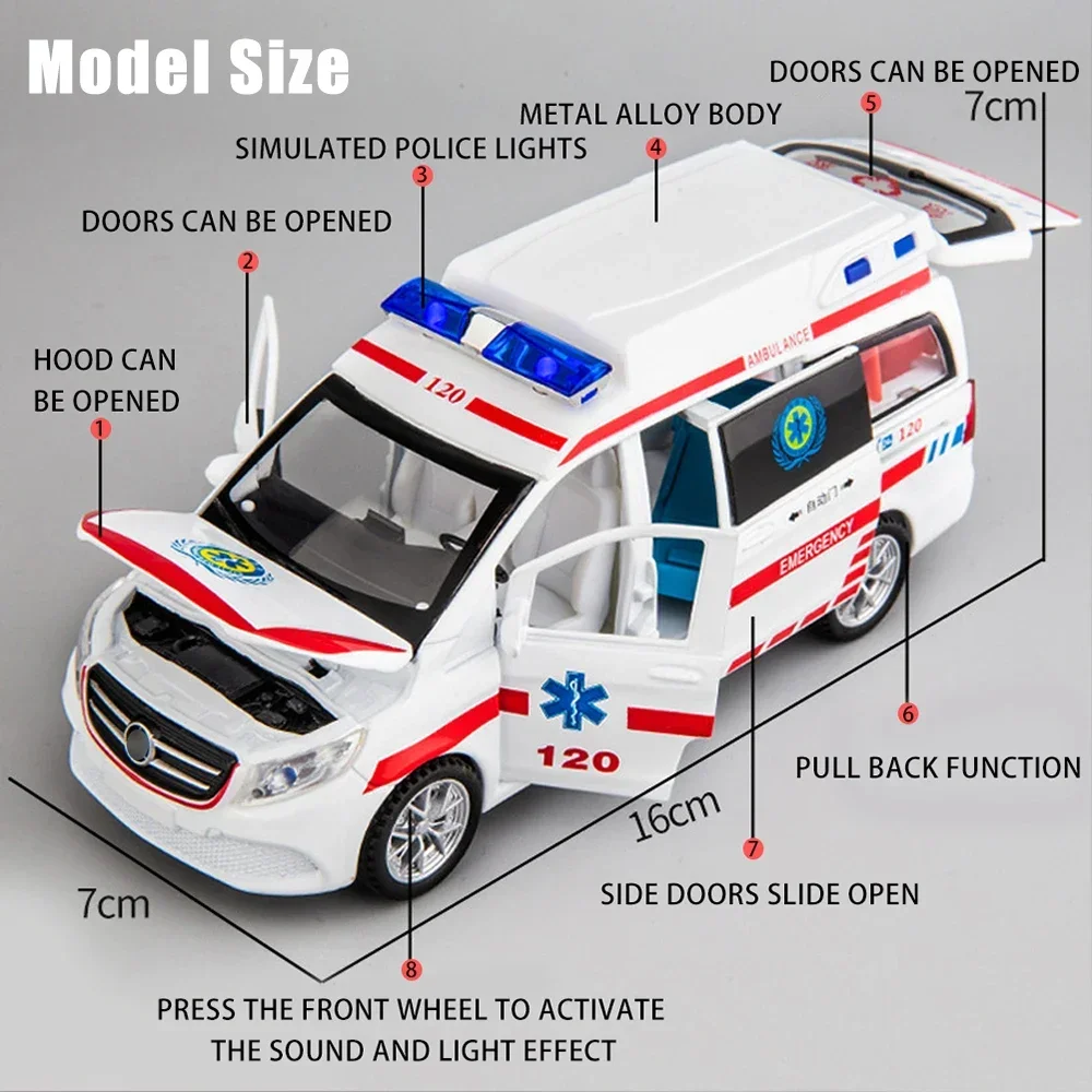 Scale 1/32 Ambulance 120 Metal Diecast Alloy Toy Vehicles Cars Models for Boys Children Kids Pull Back Sound and Light