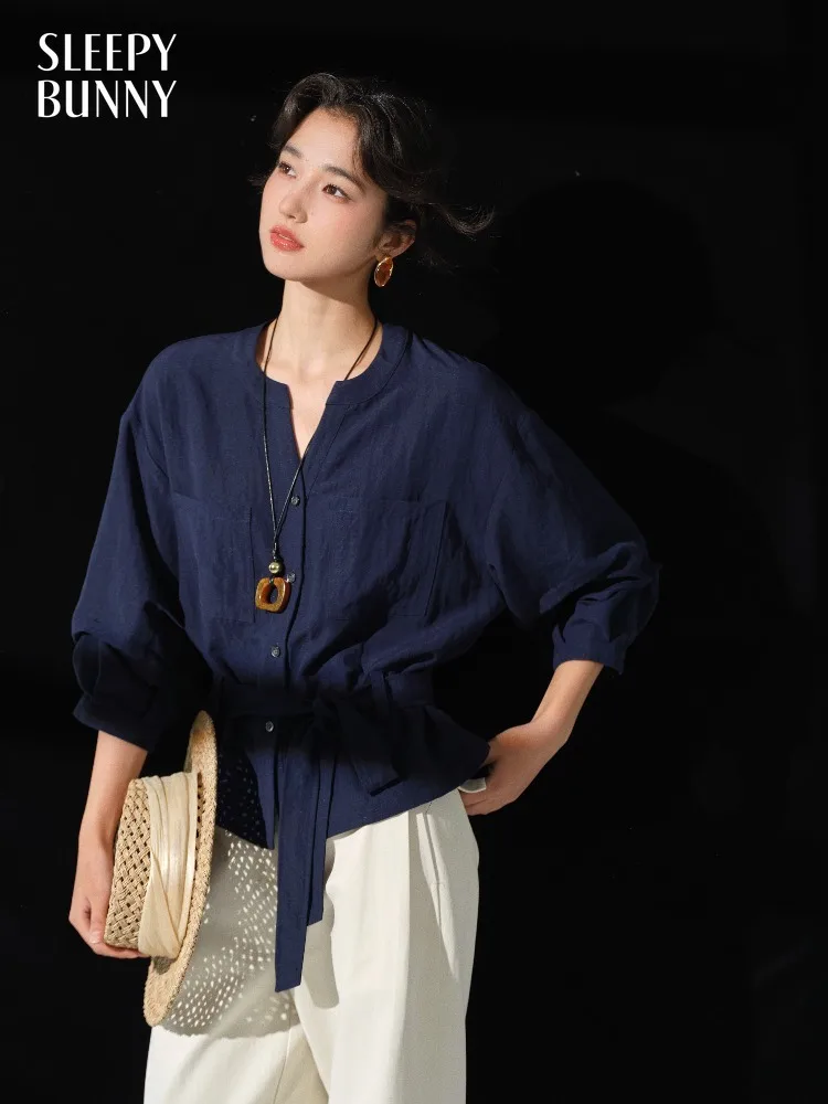 

Elegant French Tie Waist Shirt Loose Long Sleeve Top Casual Lyocell Blouse Women Autumn Chic Slimming Button Down Fashion Outfit
