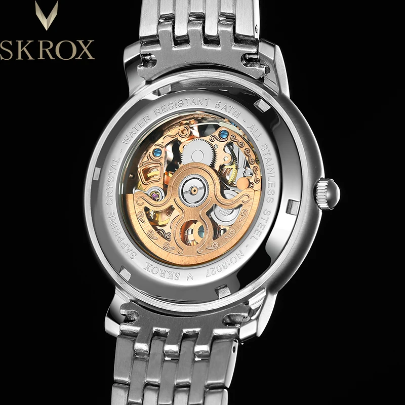 SKROX Japanese Automatic Movement Man Watch Skeleton Mechanical Waterproof Men's Wrist Watches Stainless Steel Sapphire Glass