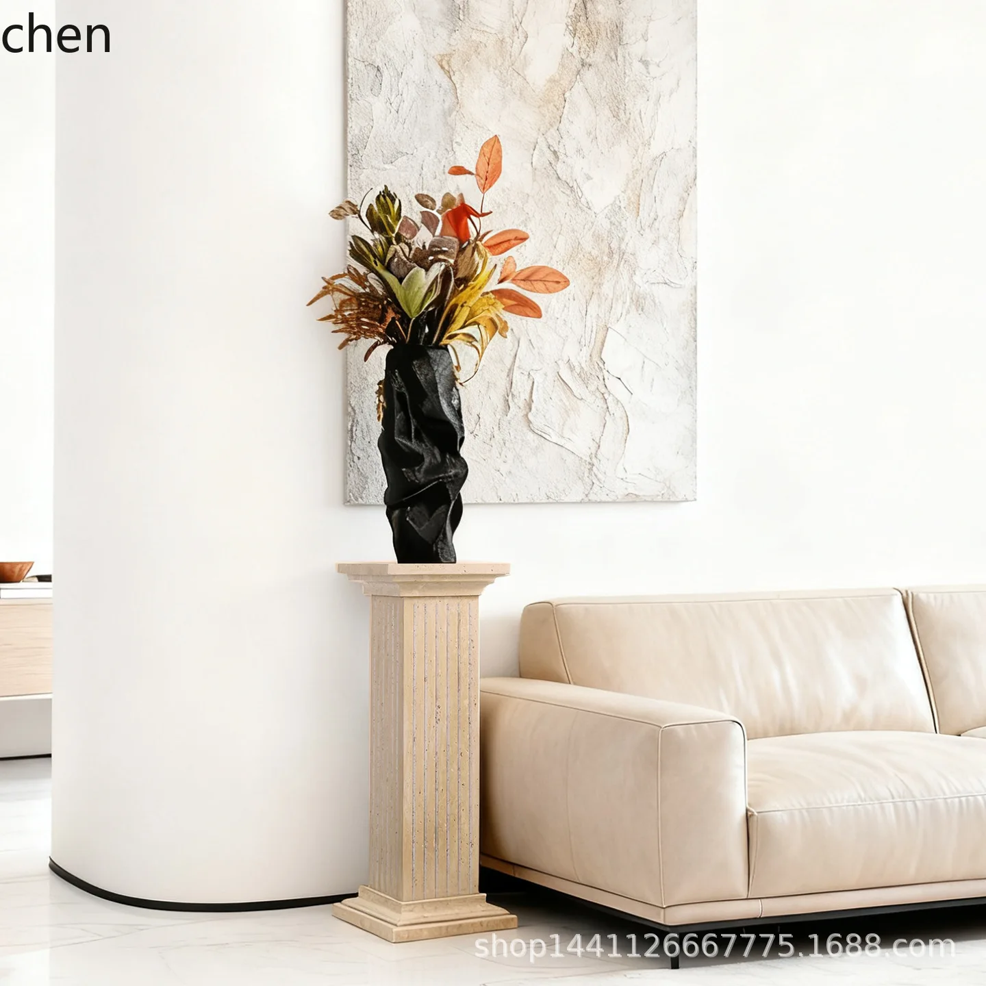 PYH Natural Yellow Travertine Retro Roman Column Display Living Room Sculpture Decoration Floor Sculpture Base