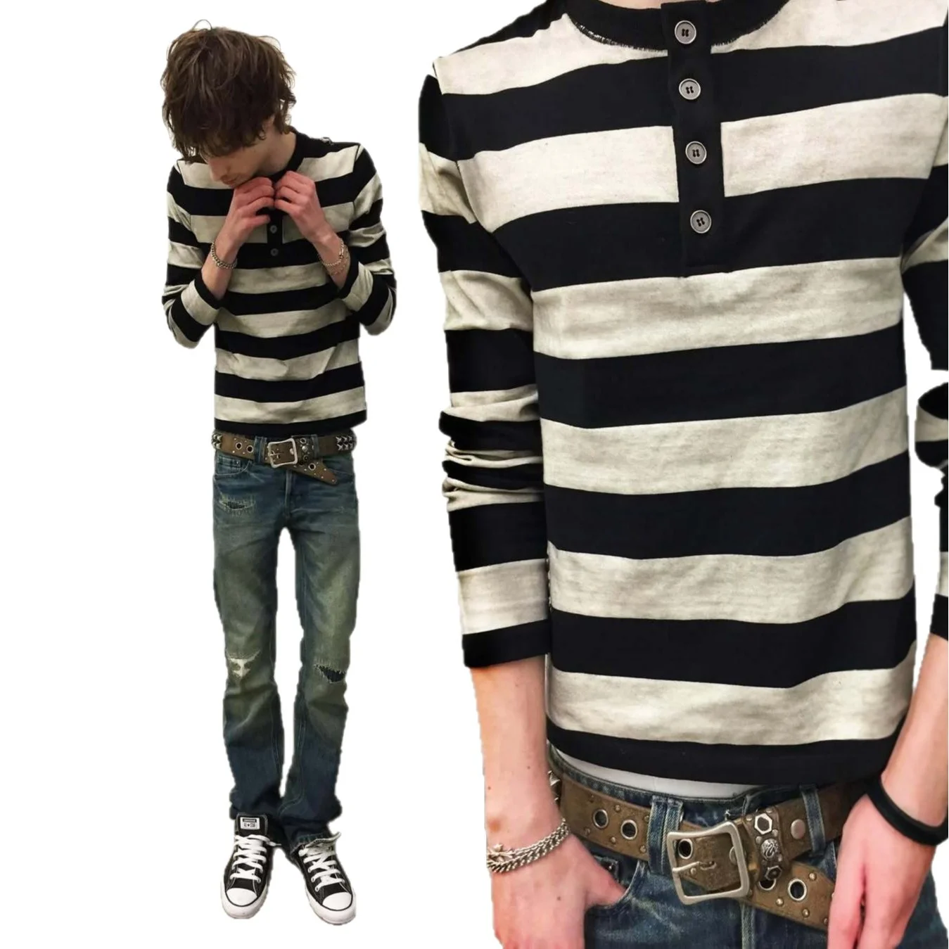 American Retro Punk Striped Loose Top New Millennium Style Fashionable Streetwear round Neck Casual Trend Multifunctional Top