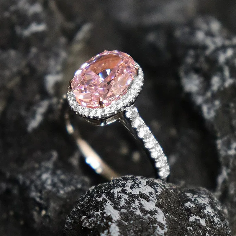 Xiaoyan 100% S925 Silver High Carbon Diamond Pink Diamond 7 * 9mm Ring Women's Anniversary Commemorative Gift