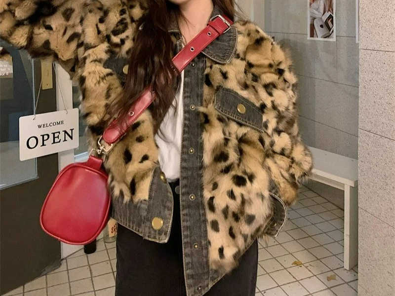 

2025 Autumn Winter New Vintage Slimming Patchwork Denim Long Sleeve Turn-Down Collar Coat for Women