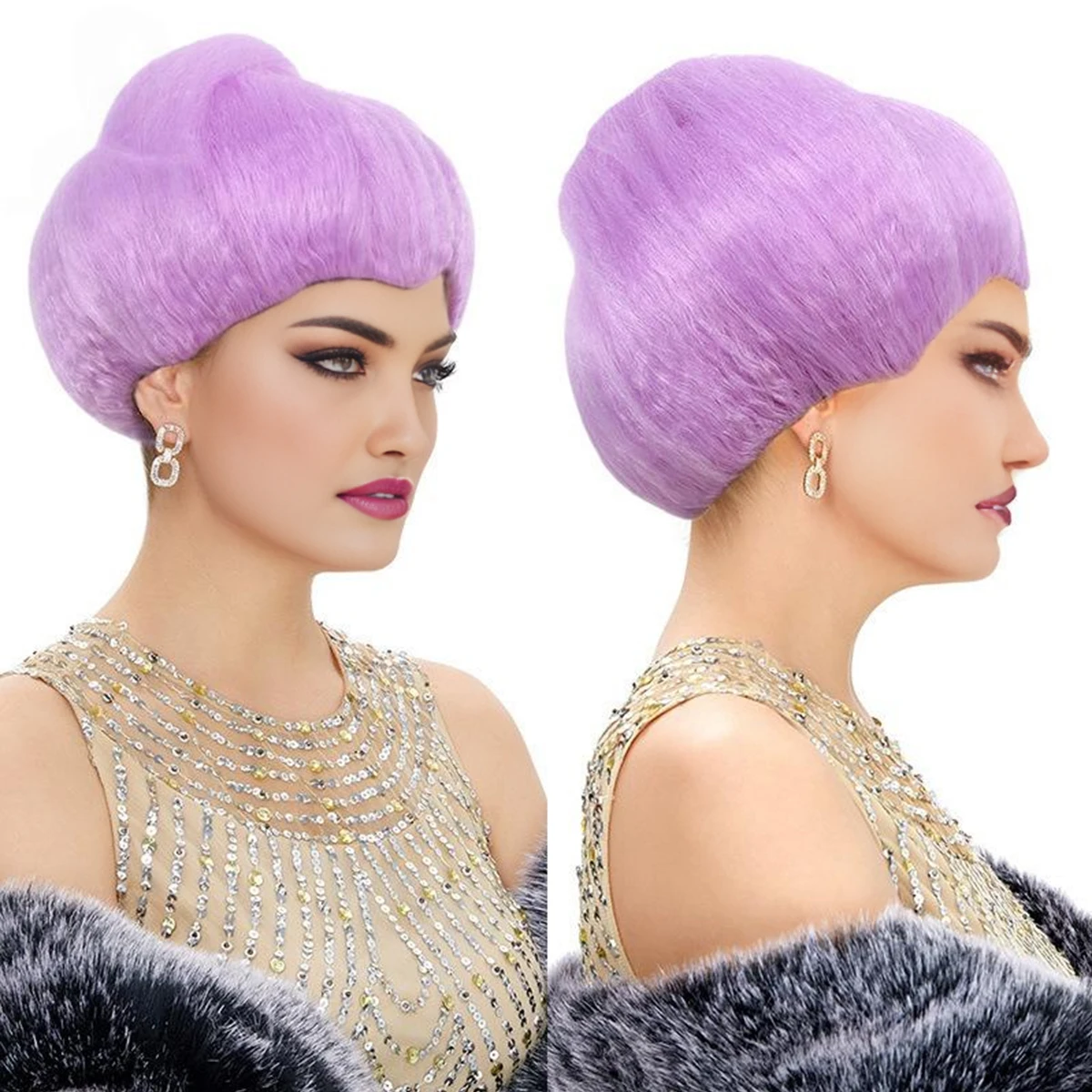 Light Purple Fluffy Round Top Bun Back Knot Wig Smooth Silky Glossy Neat Bangs Vintage Retro Fashion Synthetic Wig image 4