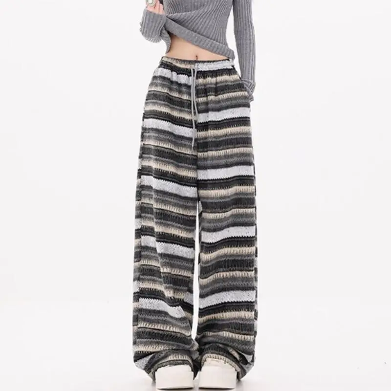 American Retro Striped Wide Leg Pants Spring and Autumn Women's Elastic Waist Straight Leg Pants Student Loose Casual Pants