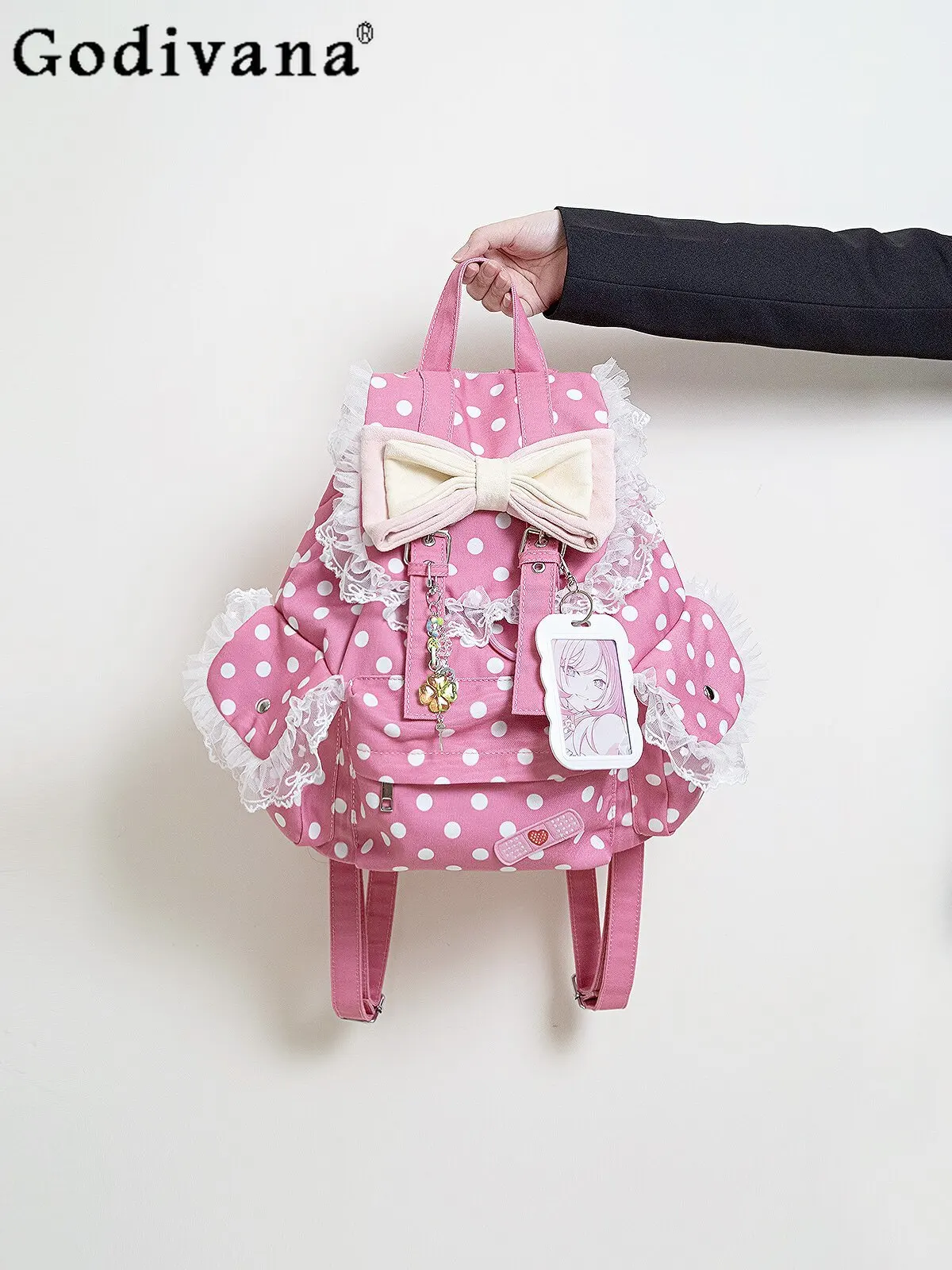 Ancient Flavor Lace Bow Cute Backpack Japanese Original Polka Dot Sweet Pink Academy Style Commute Casual Versatile Backpack