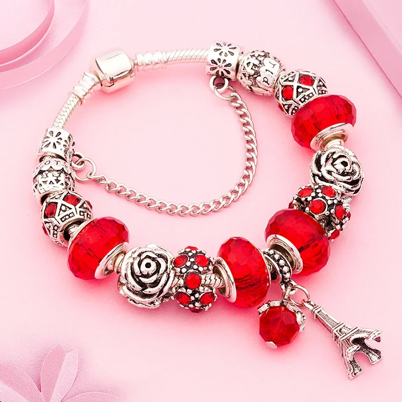 Elegant Red Crystal Women\'s Bracelet with Charm Silver Color Eiffel Tower Flower Bead Bracelet Valentine\'s Wedding Gift