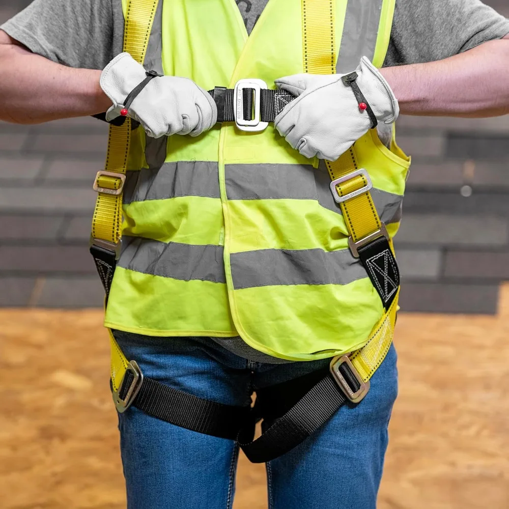 

Rooftop Safety Kit - 50 ft Vertical Lifeline AssemblyReusable Temper Anchor Full Body Harness Yellow Storage Bucket