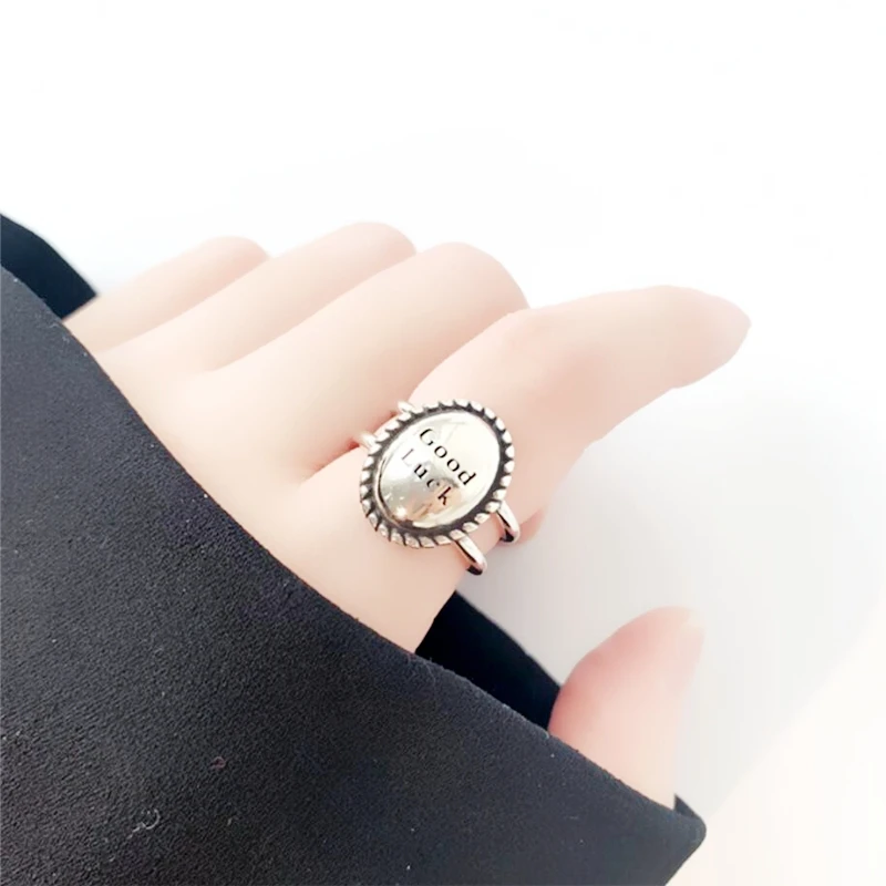 Double Layer Geometric Circle Good Luck Letter Retro 925 Sterling Silver Female Resizable Opening Rings RI507