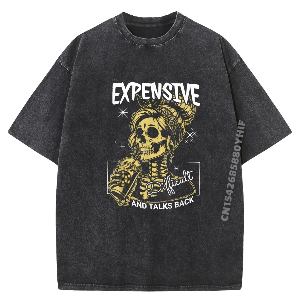 

Expensive Difficult And Talks Back Skeleton Vintage T Shirts Female Shirt Mens Fashion Washed Shirt Classic
