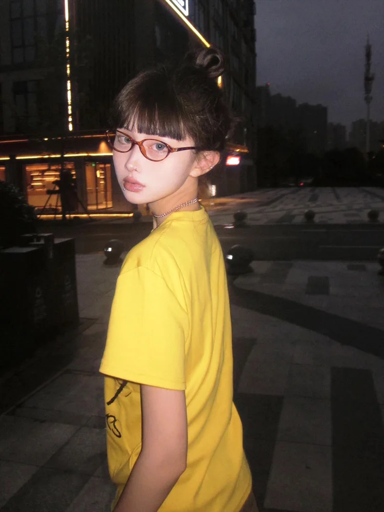 

Dopne Yellow Loose ort Sve Cotton T-irt Women Summer New Sle American Hot Girl Slim Fit Pure Cotton Top