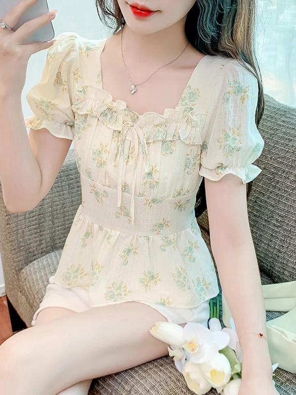 

Fenixuan Sweet Flubble Sve irt Women's Summer Waist Cinched Skirt Sle Faionable Top with Lace Trim in Chiffon
