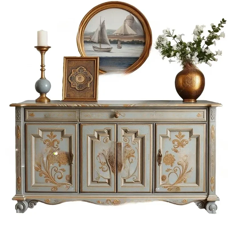 

French retro solid wood carving flower porch cabinet small apartment living room locker household wall decorative cabinet