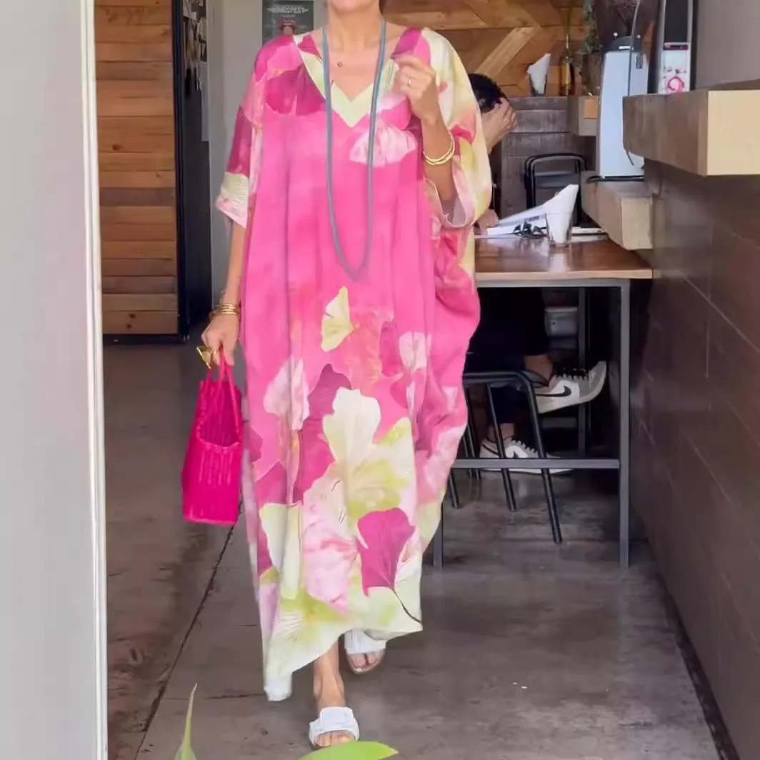 

Spring Casual Floral Print Half-sleeved Pullover Dress Women Summer Loose V-Neck Dress Female Fashion Temperament Long Dress