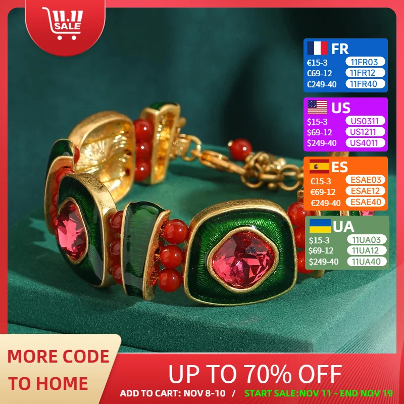 

Vintage Fashion Crystals Pink Bangle Bracelet Thick Charm Green Enamel Sugar Cubes Accessories Woman Jewelry Luxury Retro Outfit