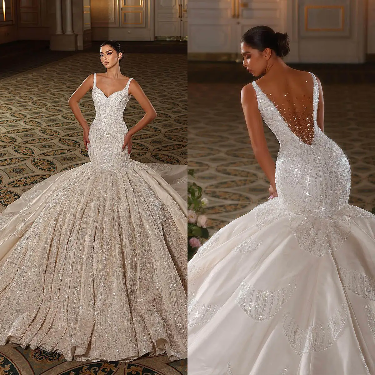 

Gorgeous Mermaid Wedding Dress Beading Sequins Sweetheart Sleeveless Bride Gowns Backless Tiered Sweep Train Bridal Dresses