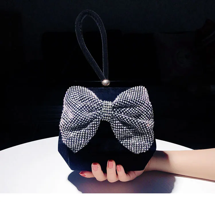 Fashion Women Handbag Luxury Velvet Hobo Bag Glitter Shiny Diamonds Bow Knot Evening Bag Wedding Party Clutch Purse Shoulder Bag