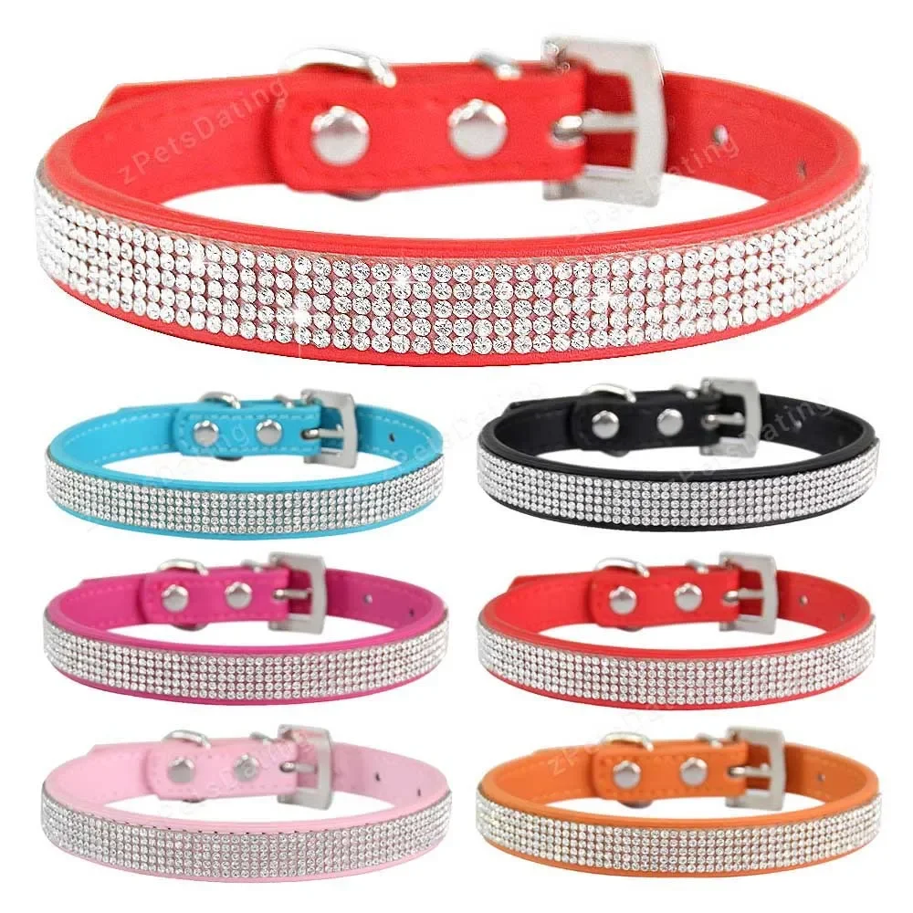 Crystal Glitter Rhinestones Pet Collar Leather Puppy Necklace Collars For Small Medium Large Dogs Cat Chihuahua Pug Accessories