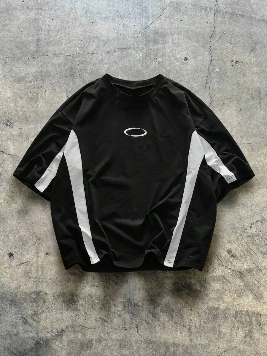 Men's Oversized Black And White Panel T-shirt Techwear Streetwear Abstract Print Casual Short Sleeve Tee