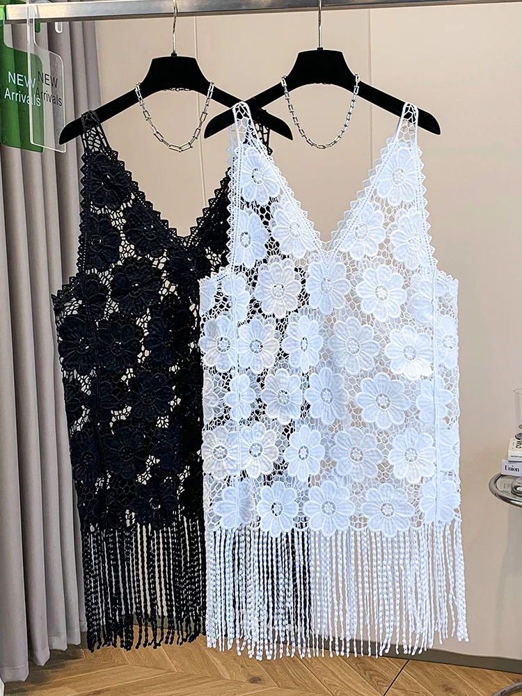 Bohemian Lace Hollow out V-Neck Tassel Women's Summer New Holiday Style Slimming Layered Mid-Length Vest Breathable A-Line Na...