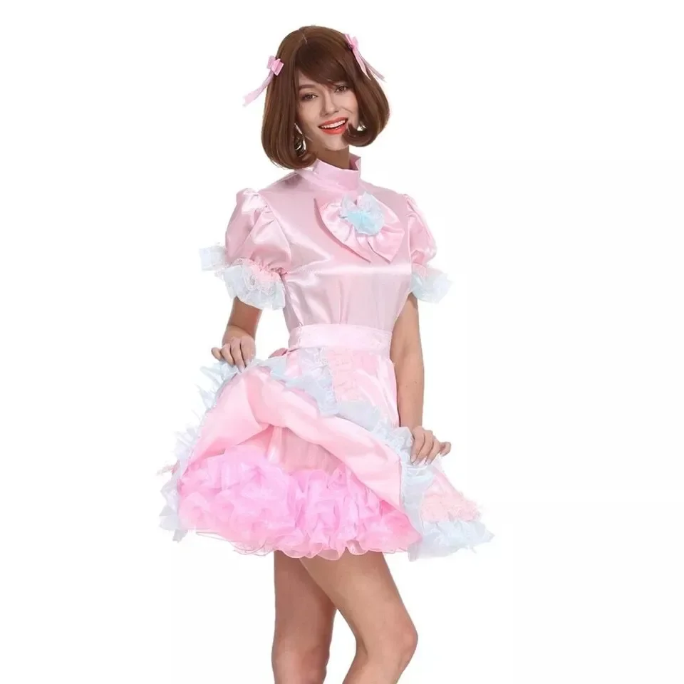 Sexy Sissy Pink Lockable Satin Dress Cute Maid Cosplay Adult Tailored Carnival Festive Costumes