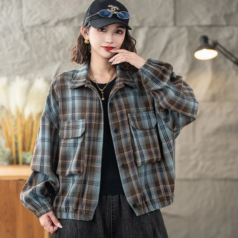 

Casual Loose Short Shirt Jacket for Women Spring New Retro and Fashionable Spring and Autumn Bat Sleeve Plaid Top JJ834