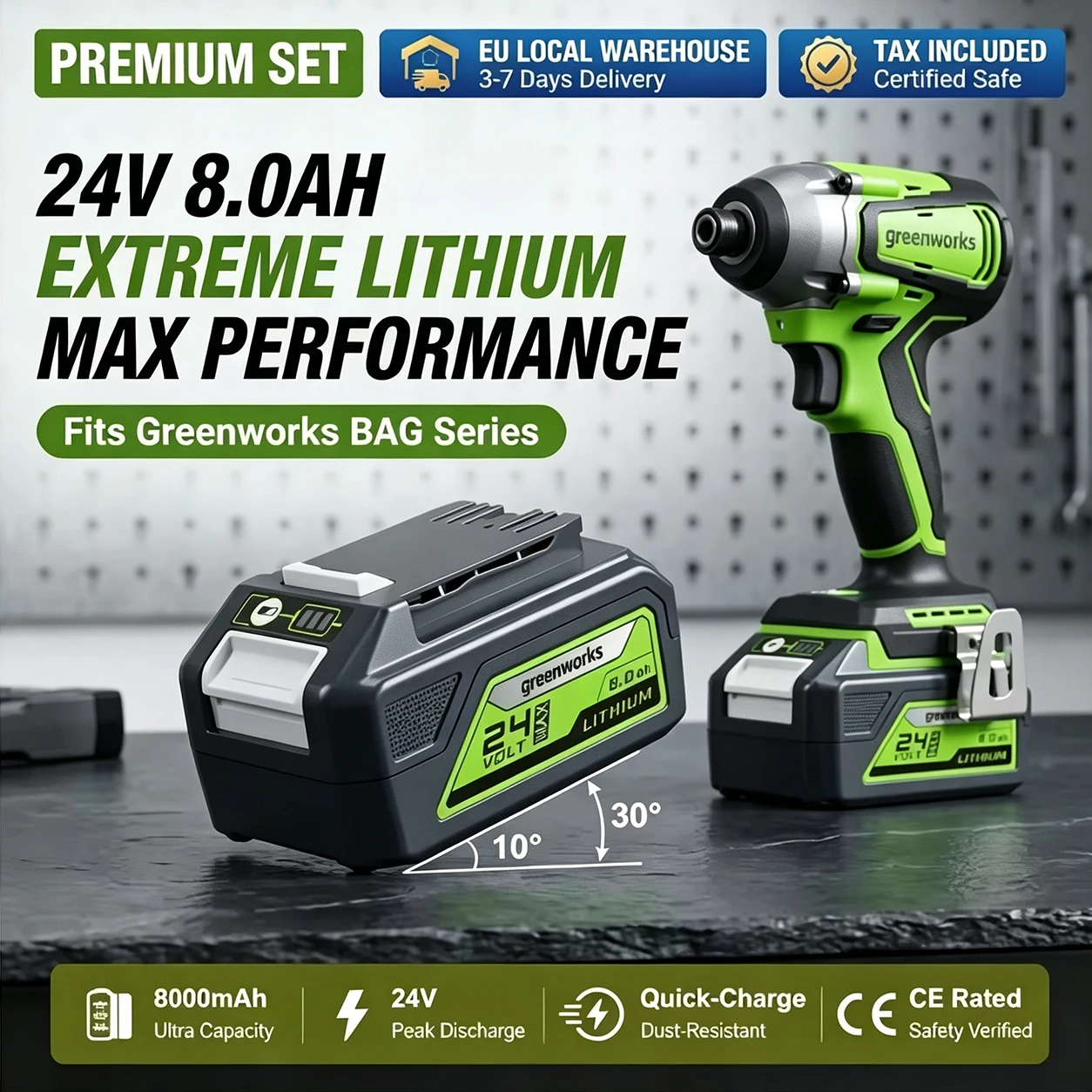 Image of 24V 8,0Ah Schnelllade-Lithium-Akku für Greenworks 24V Elektrowerkzeuge, Ersatzakku für MO24B410 MO48L4211 HT24B210 21342