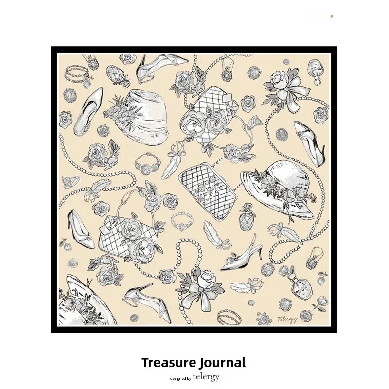 original-hand-drawn-vintage-sketch-silk-scarf-for-women-versatile-decorative-treasures-sketch-notes-large-square-silk-scarf
