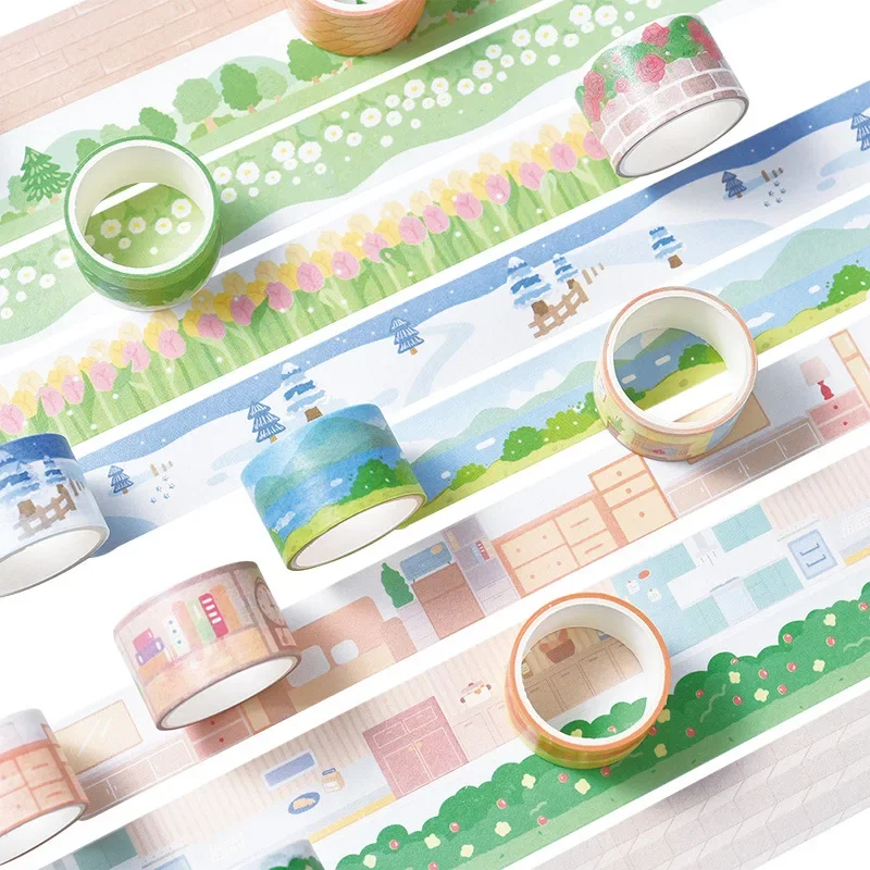 Kawaiil-Juego de cintas Washi para hacer paisajes de estilo de vida lento, cintas de enmascarar para diario Diy, papelería, 2,5 cm x 2m, 4 unids/set