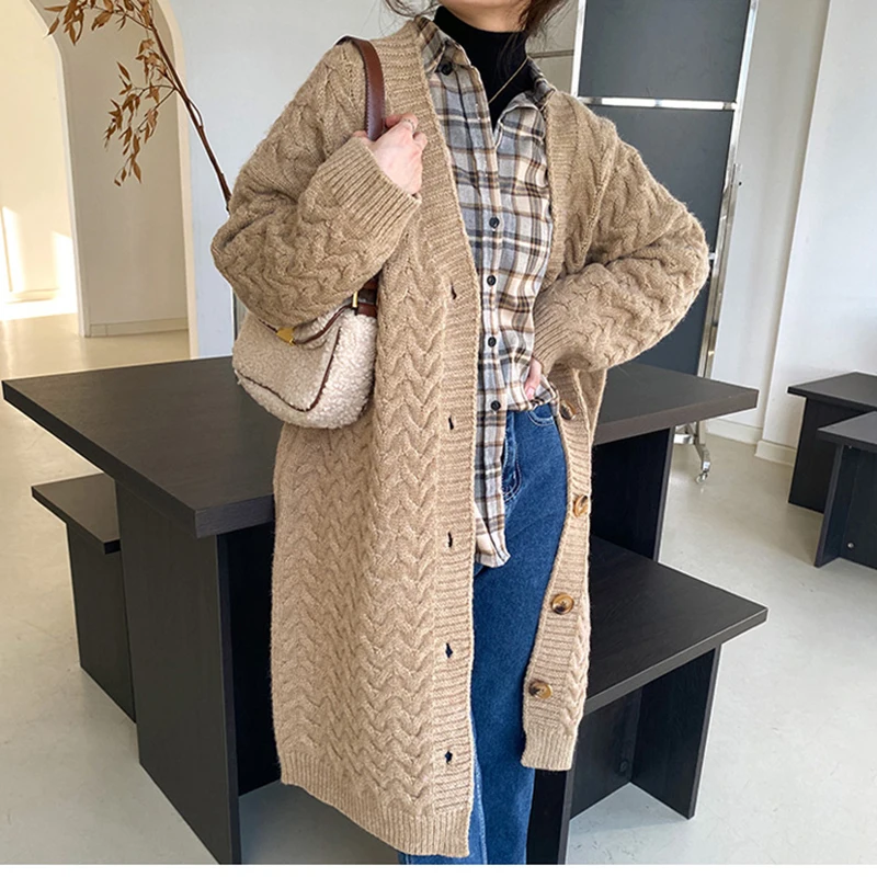 HELIAR Women Green Rib Thickened Warm Sweater Coat Loose Single-breasted Cardigan Coat Knit Office Sweater For Women Fall Winter