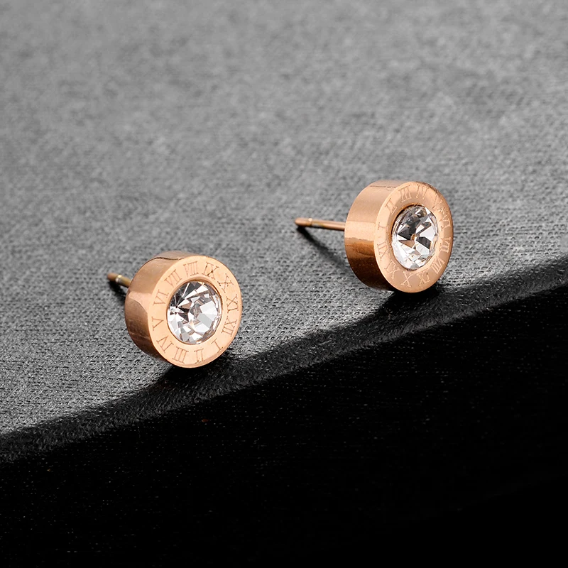 Boucles d'oreilles rondes numériques romaines en acier au titane pour femmes, bijoux à perceuse unique, cadeau de banquet classique, mode de luxe