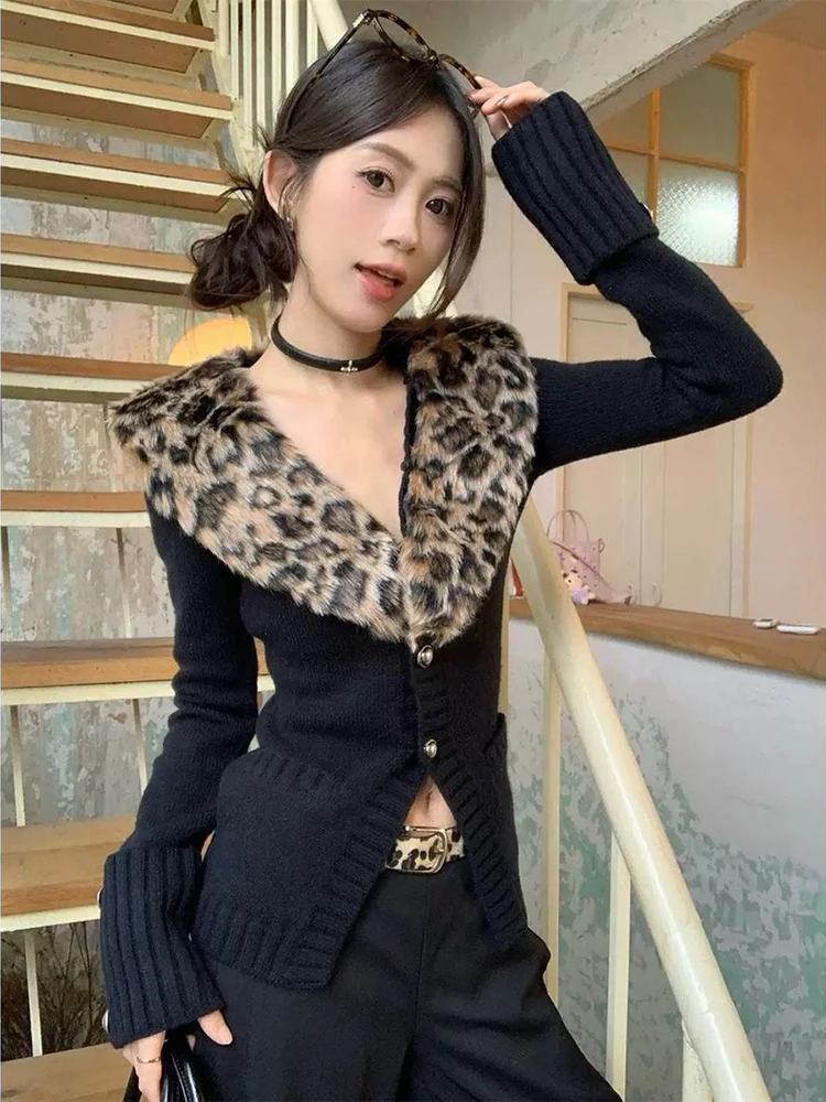 Sexy Leopard Knitted Cardigan Women Vintage Streetwear Fall Winter Patchwork Sweaters Korean Button Slim Fit Hotsweet New Coats - Image 5