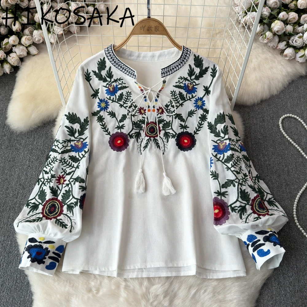 

2025 Spring Vintage Embroidery Blouse Women O-neck Loose Long Sleeve Top Ethnic Style All-match Chic Blusas Aesthetic Shirts